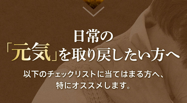 日常の元気を取り戻したい方へ 以下のチェックリストに当てはまる方へ、特にオススメします。