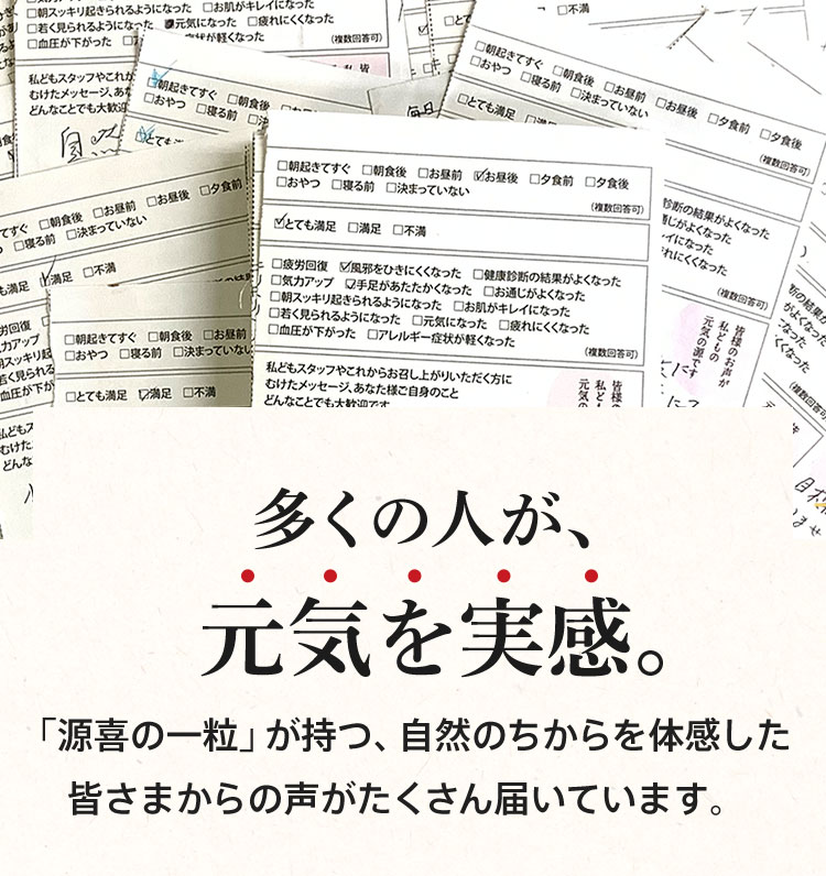 多くの人が、元気を実感。「源喜の一粒」が持つ、自然のちからを体感した皆さまからの声がたくさん届いています。