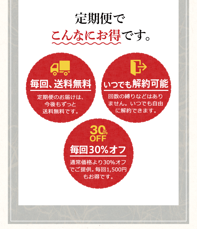 皆さまに出来るだけ長く続けていただきやすいよう、大変お得で便利な定期便をご用意しました。この機会に定期便を活用し、ぜひ毎日の習慣にしてください。
